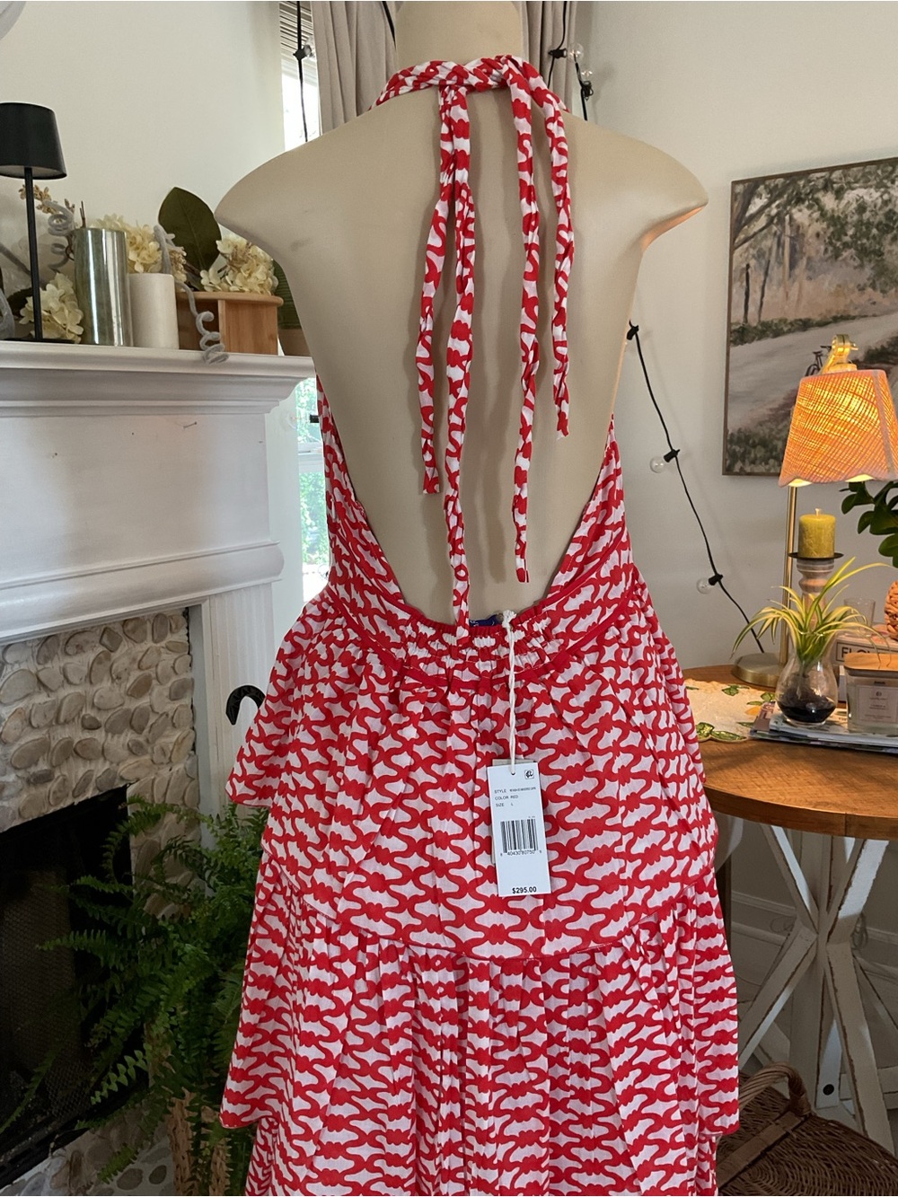 Red and White Halter Backless Maxi Dress